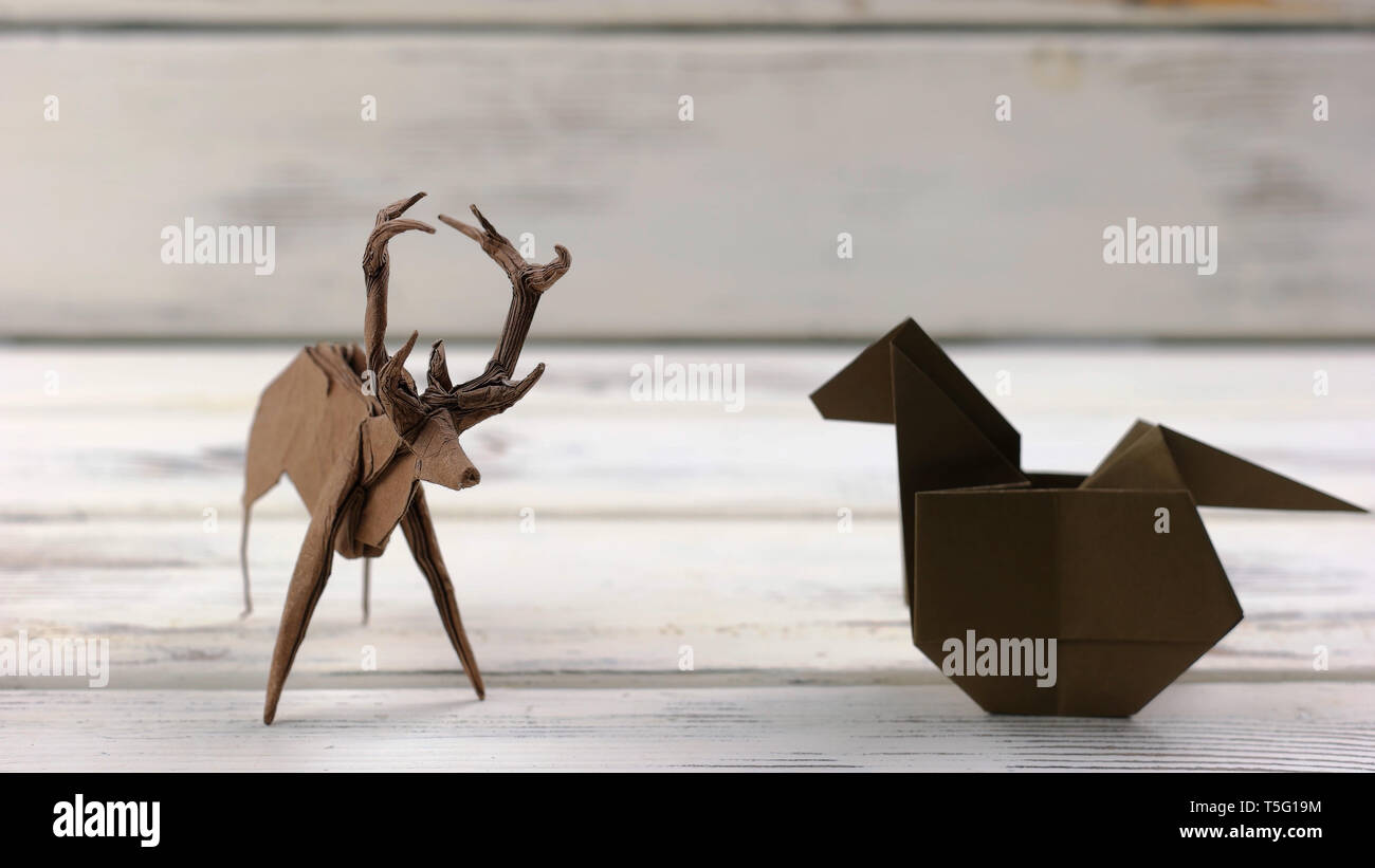 Exposition of origami animal models. Stock Photo
