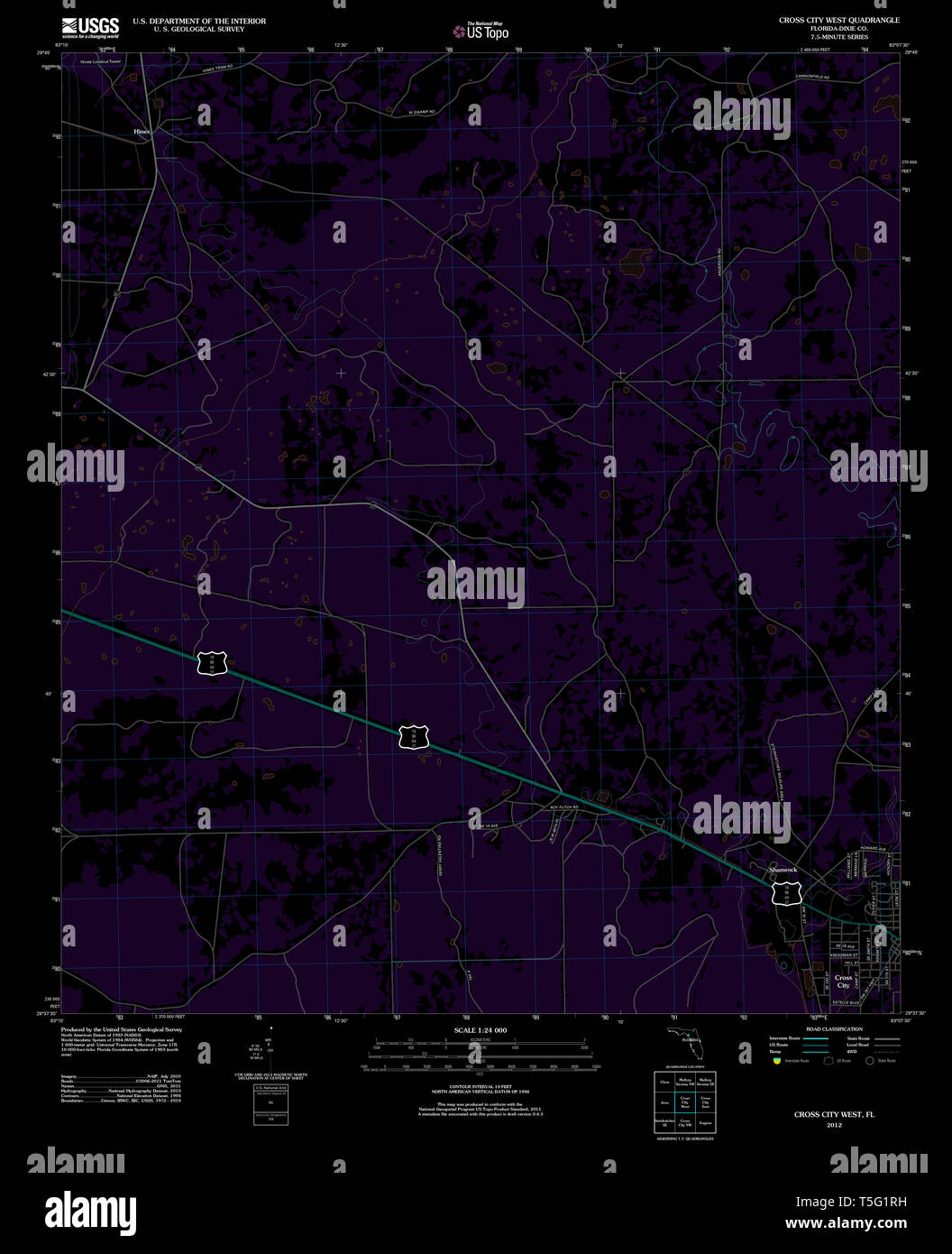 Cross city florida map hi res stock - Usgs Topo Map Florida Fl Cross City West 20120725 Tm Inverted Restoration T5G1RH 