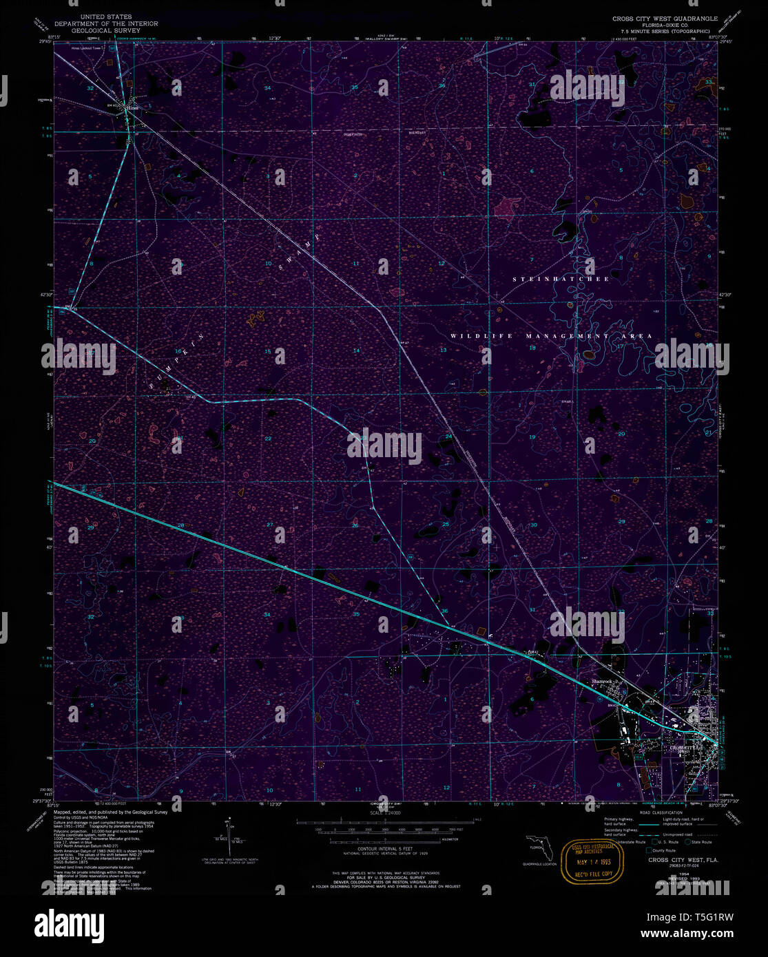 Cross city florida map hi res stock - Usgs Topo Map Florida Fl Cross City West 345700 1954 24000 Inverted Restoration T5G1RW 