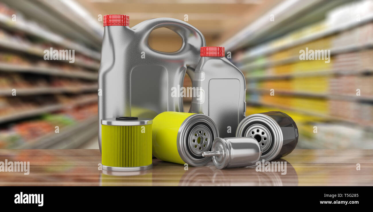 Automotive industry. Car engine oil and fuel filters and motor oil canisters against blur warehouse storage background. 3d illustration Stock Photo