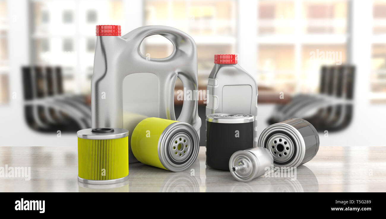 Automotive industry. Car engine oil and fuel filters and motor oil canisters against blur office business background. 3d illustration Stock Photo