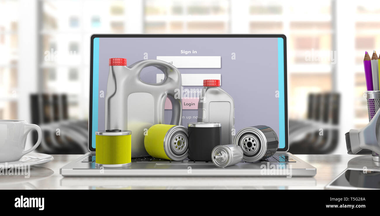 Car engine service spare parts, online order. Motor oil and fuel filters and oil canisters on a computer, blur office business background. 3d illustra Stock Photo