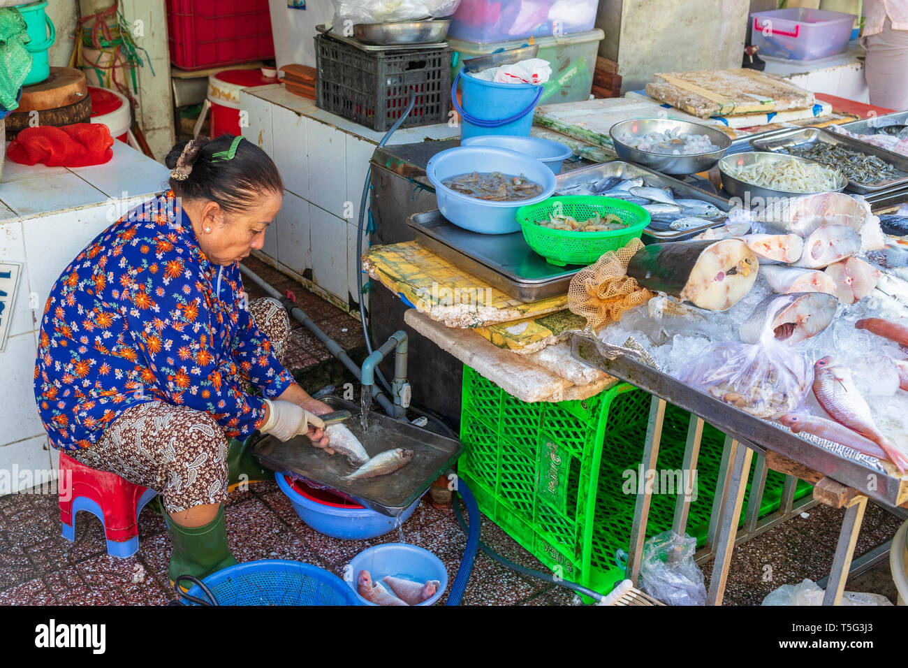 Vietnamese woman preparing fresh fish in Ben Thanh street market, Ho Chi Minh City, Saigon, Vietnam, Asia Stock Photo