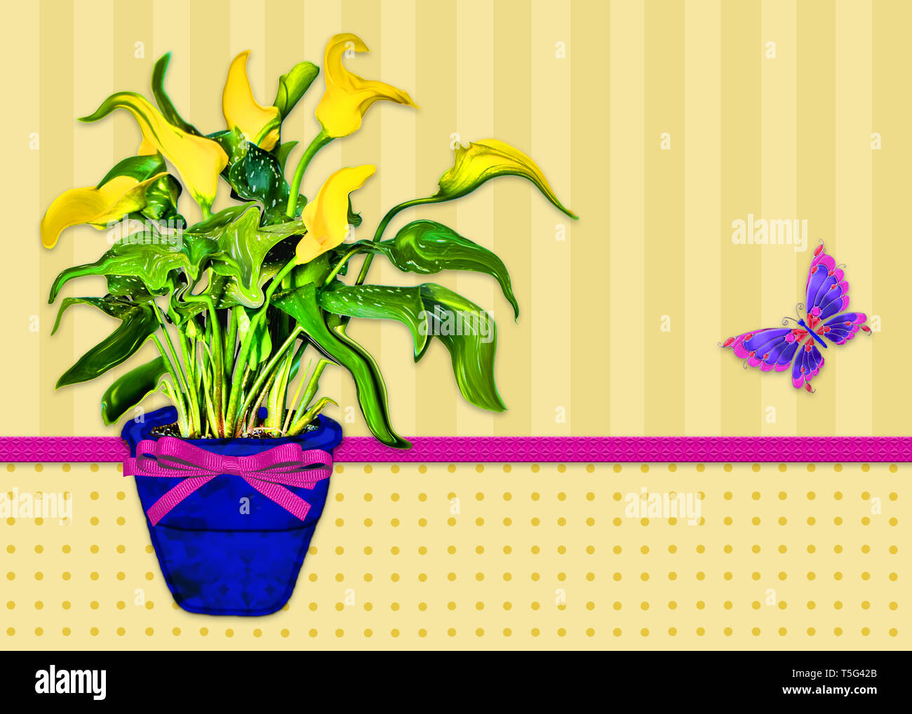 Fun Abstract Graphic Illustration of bright yellow Calla Lilies with background in stripes and polka dots.  Faux fuchsia ribbon/bow and butterfly. Stock Photo