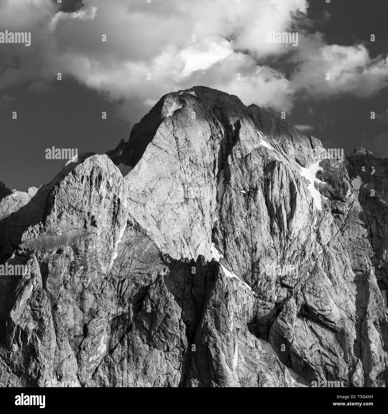 Gran Vernel and Roda de Mulon mountains. Peaks of the Marmolada group. The Dolomites. Europe. Stock Photo