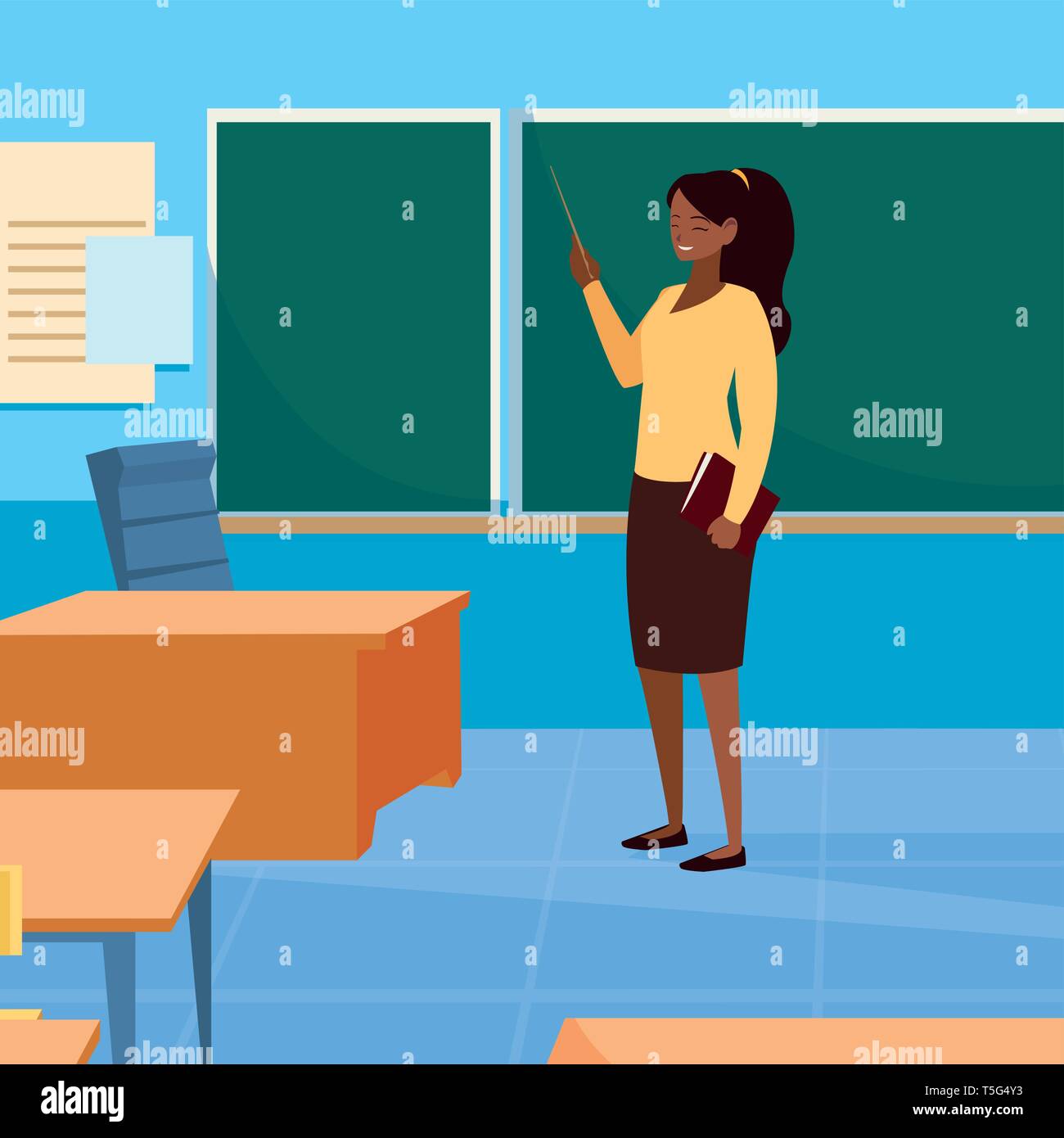 black female teacher with textbook in classroom vector illustration ...
