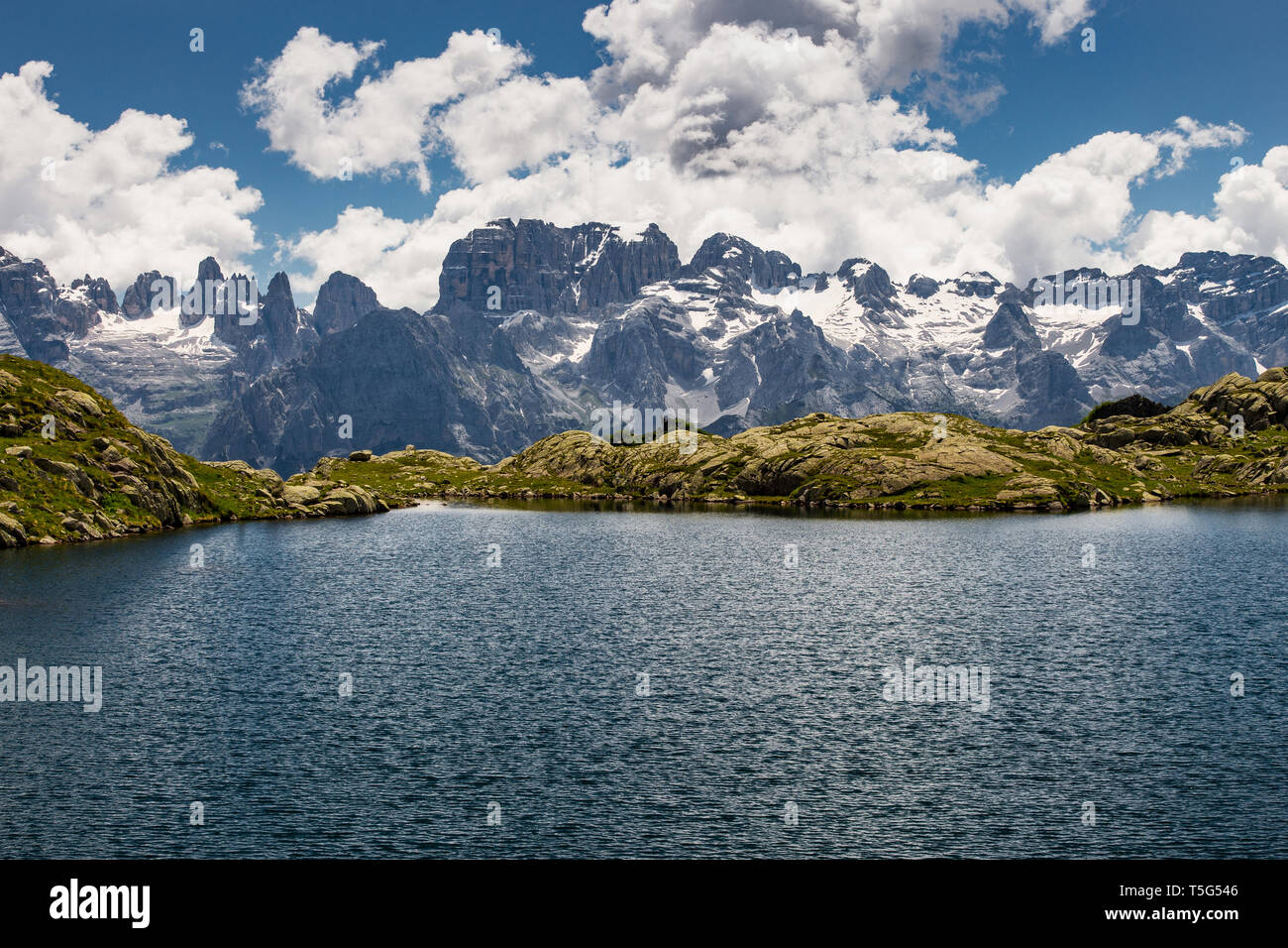 The Brenta Dolomites, view from 'Lago Nero' alpine lake. Cornisello, Nambrone valley, Pinzolo. Adamello Brenta Nature Park. Trentino. Italian Alps. Stock Photo