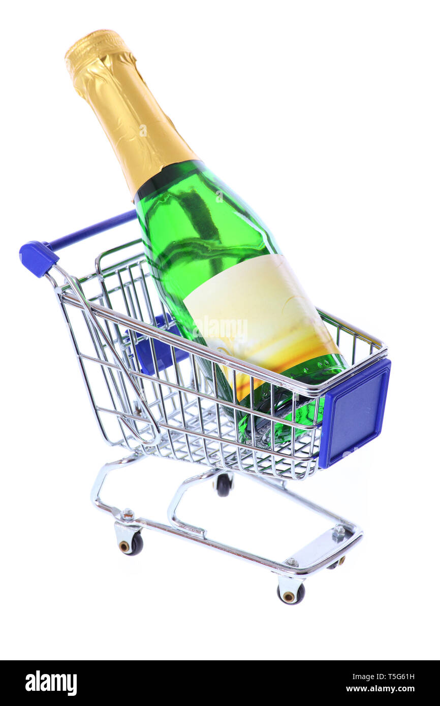 Bottle of champagne in a shopping caddy - isolated Stock Photo