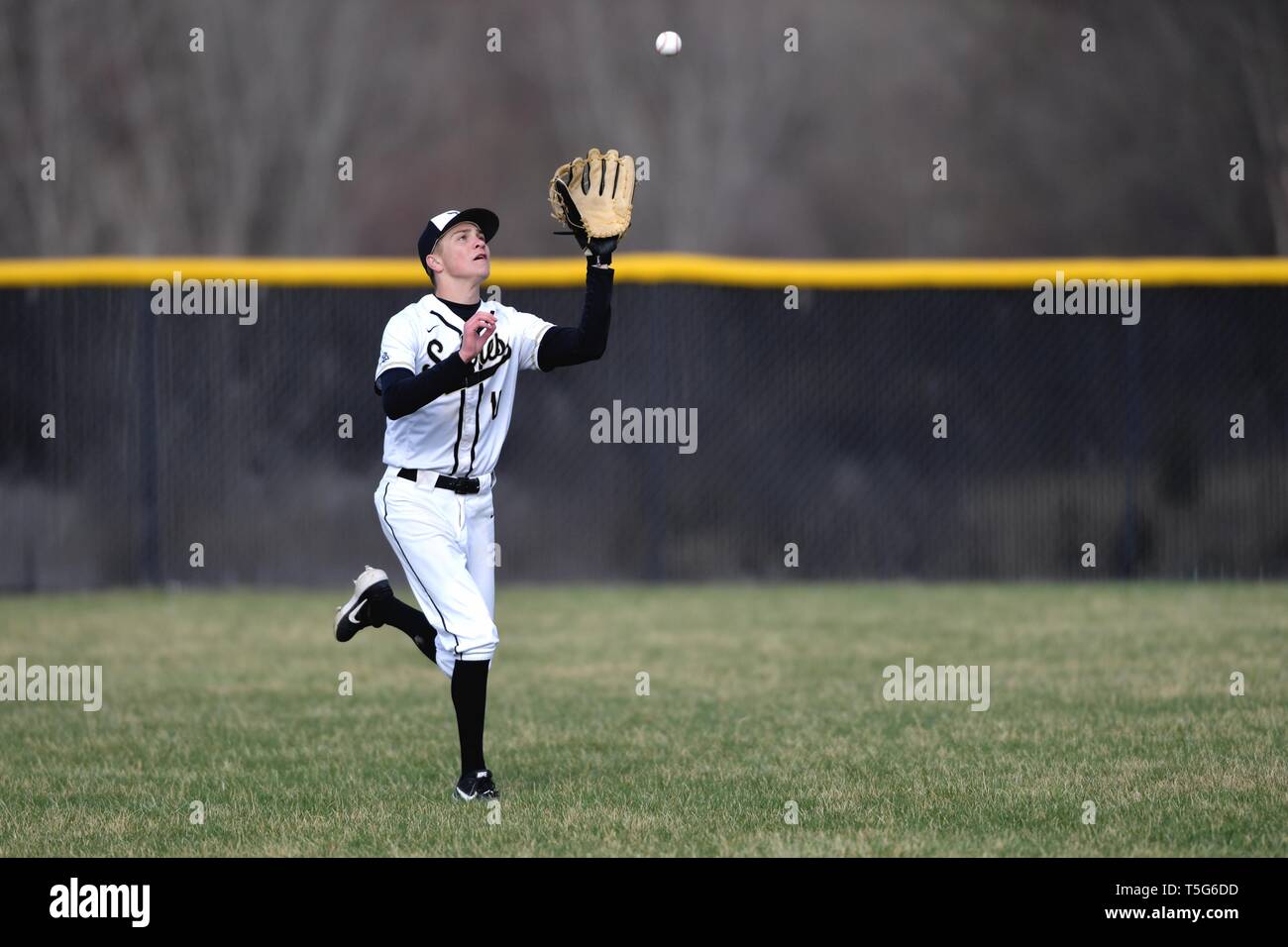 Outfielder making a running catch of a fly ball. USA. Stock Photo