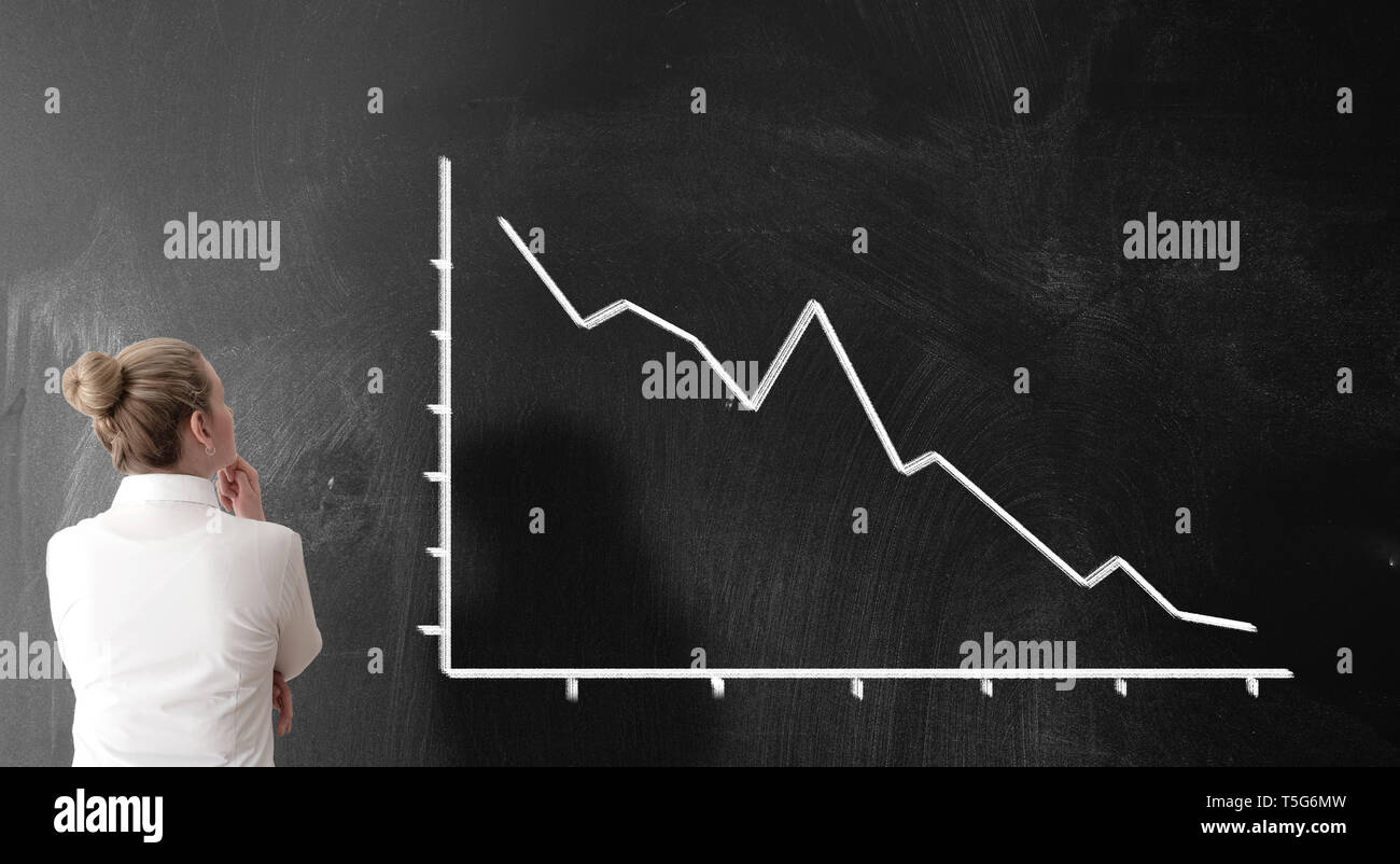 rear view of businesswoman looking at chart with sloping curve, dropping prices business risk concept Stock Photo