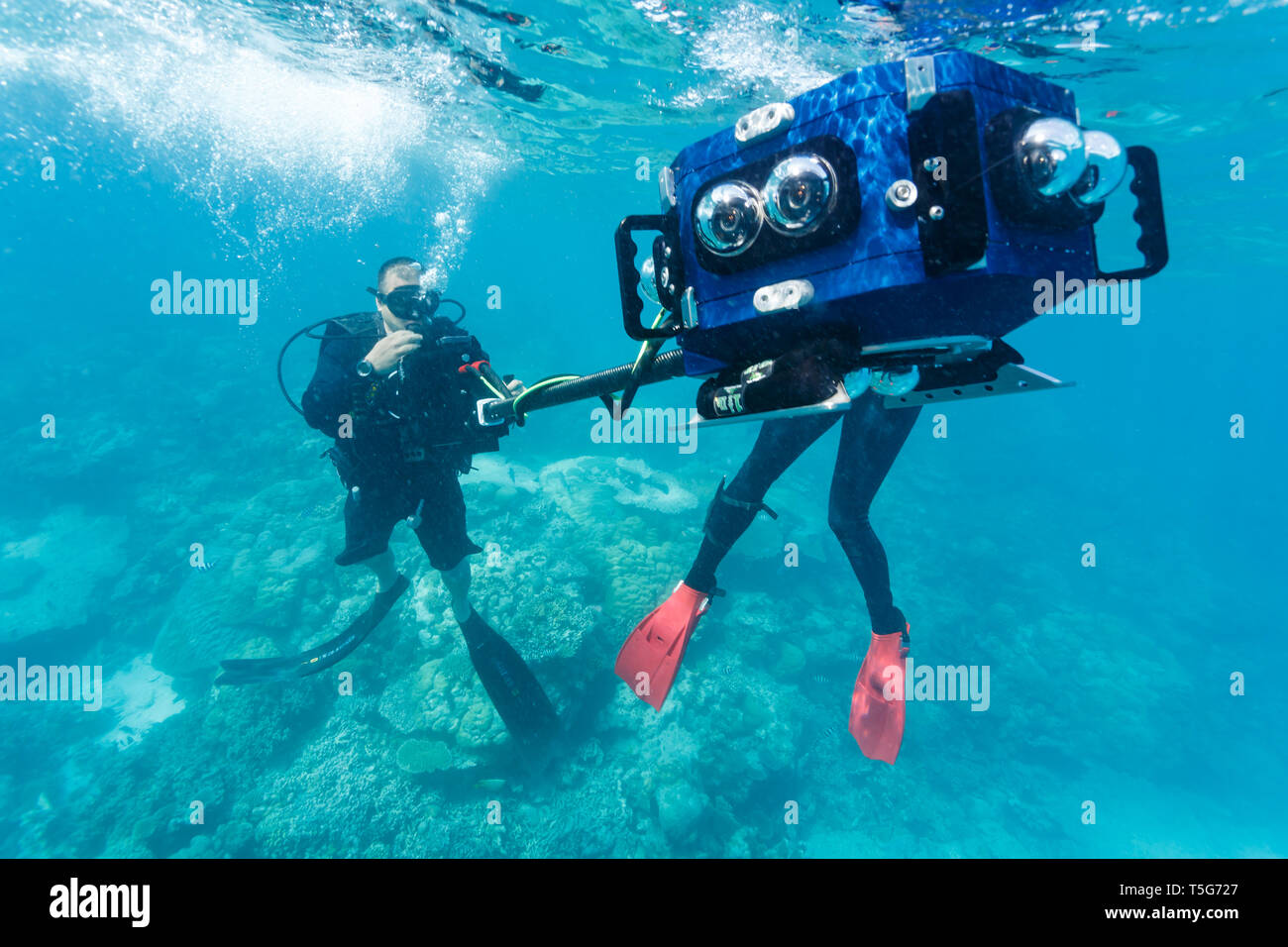 Closeup view of diver cameraman films coral reef with 3D camera Stock