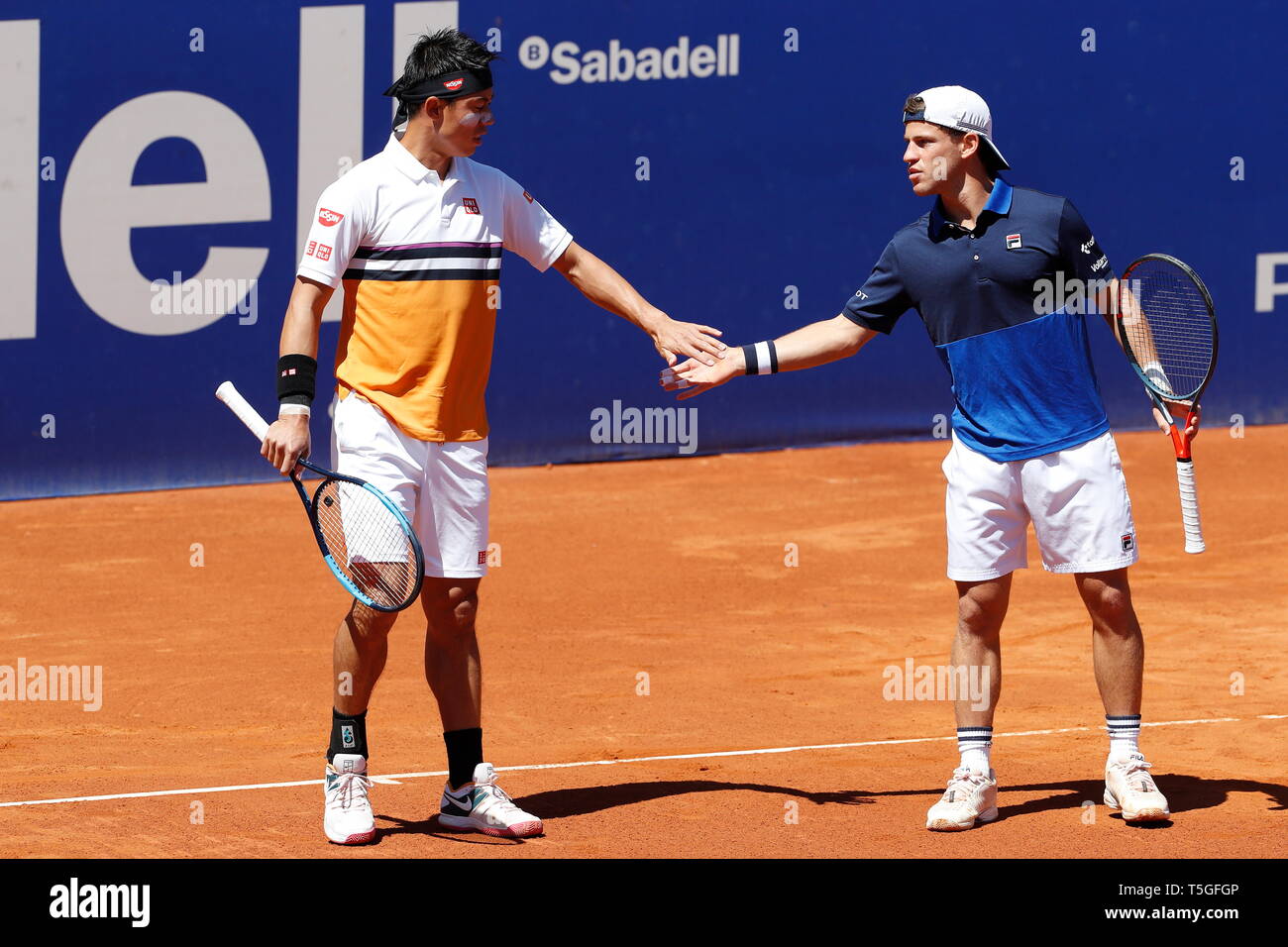 Barcelona, Spain. 24th Apr, 2019. (L-R) Kei Nishikori (JPN), Diego  Schwartzman (ARG) Tennis : Kei Niskori of Japan and Diego Schwartzman of  Argentina during Doubles 1st round match against Oliver Marach of