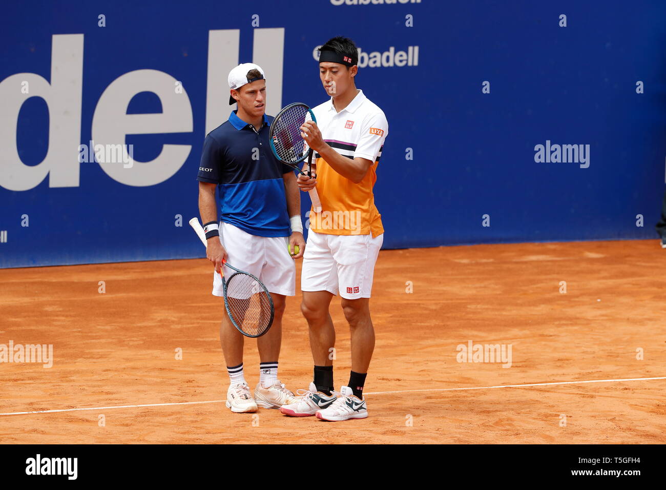 Barcelona, Spain. 24th Apr, 2019. (L-R) Diego Schwartzman (ARG), Kei  Nishikori (JPN) Tennis : Kei Niskori of Japan and Diego Schwartzman of  Argentina during Doubles 1st round match against Oliver Marach of