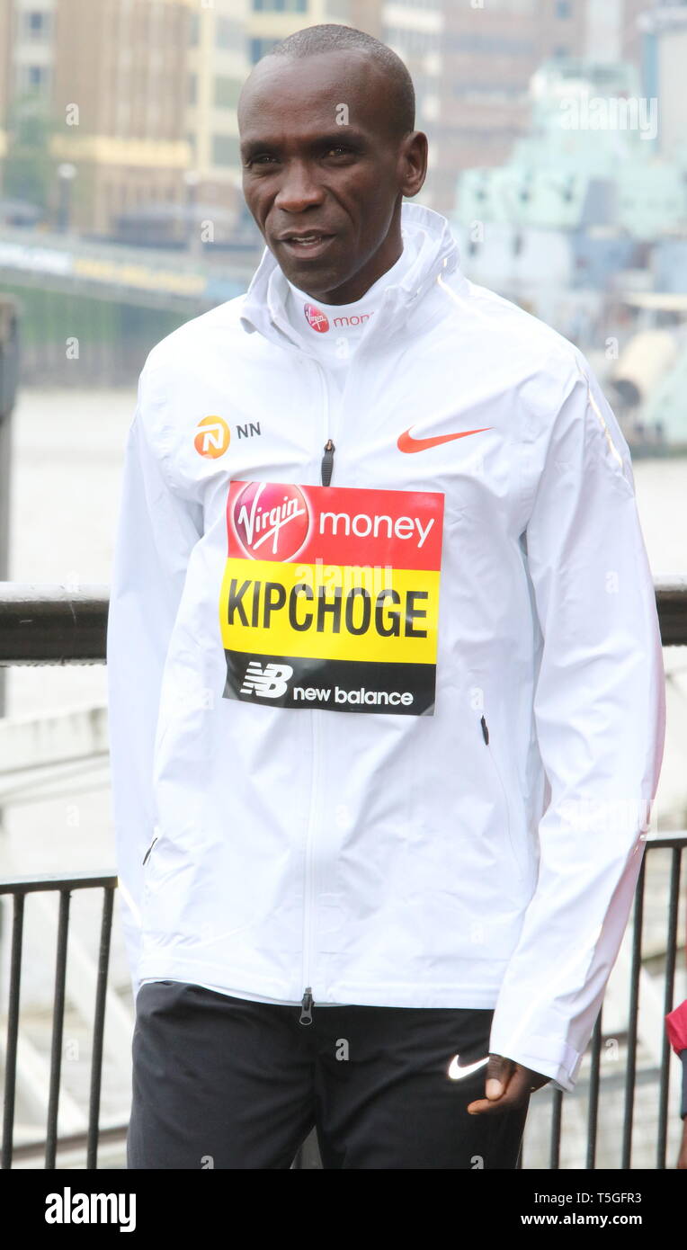 Eliud Kipchoge at the Elite Runners Photocall for the London Marathon 2019 outside the Tower Hotel Race HQ Stock Photo
