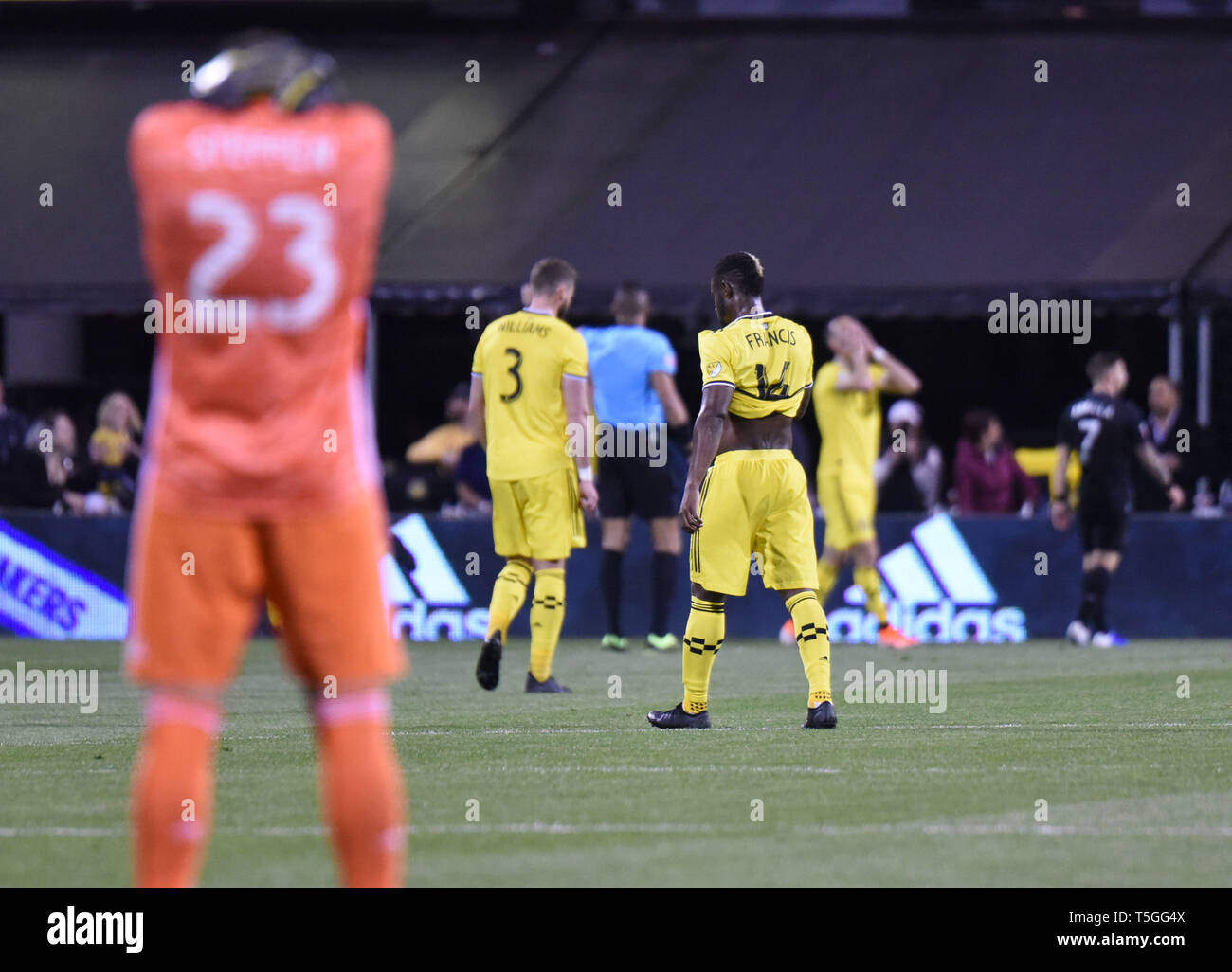 Columbus, OH, USA. 24th Apr, 2019. April 24, 2019: Columbus Crew goalkeeper Zack Steffen (23) and Columbus Crew defender Waylon Francis (14) react to a missed goal during the MLS match between DC United and Columbus Crew SC at Mapfre Stadium in Columbus, Ohio. Austyn McFadden/ZUMA Credit: Austyn McFadden/ZUMA Wire/Alamy Live News Stock Photo
