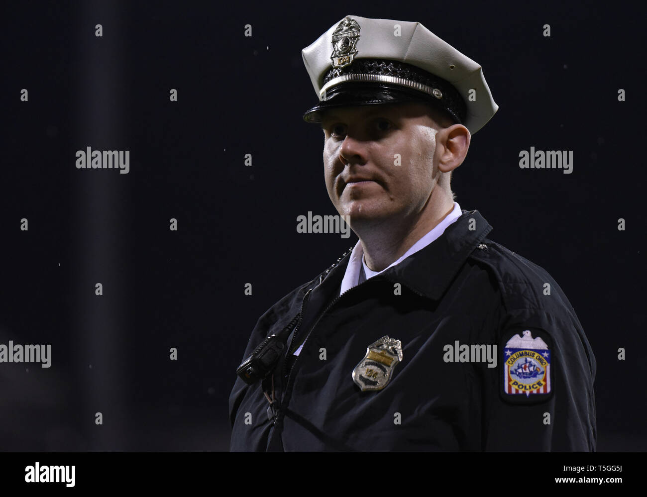 Columbus, OH, USA. 24th Apr, 2019. April 24, 2019: a Columbus Police Officer watches over the players after the MLS match between DC United and Columbus Crew SC at Mapfre Stadium in Columbus, Ohio. Austyn McFadden/ZUMA Credit: Austyn McFadden/ZUMA Wire/Alamy Live News Stock Photo