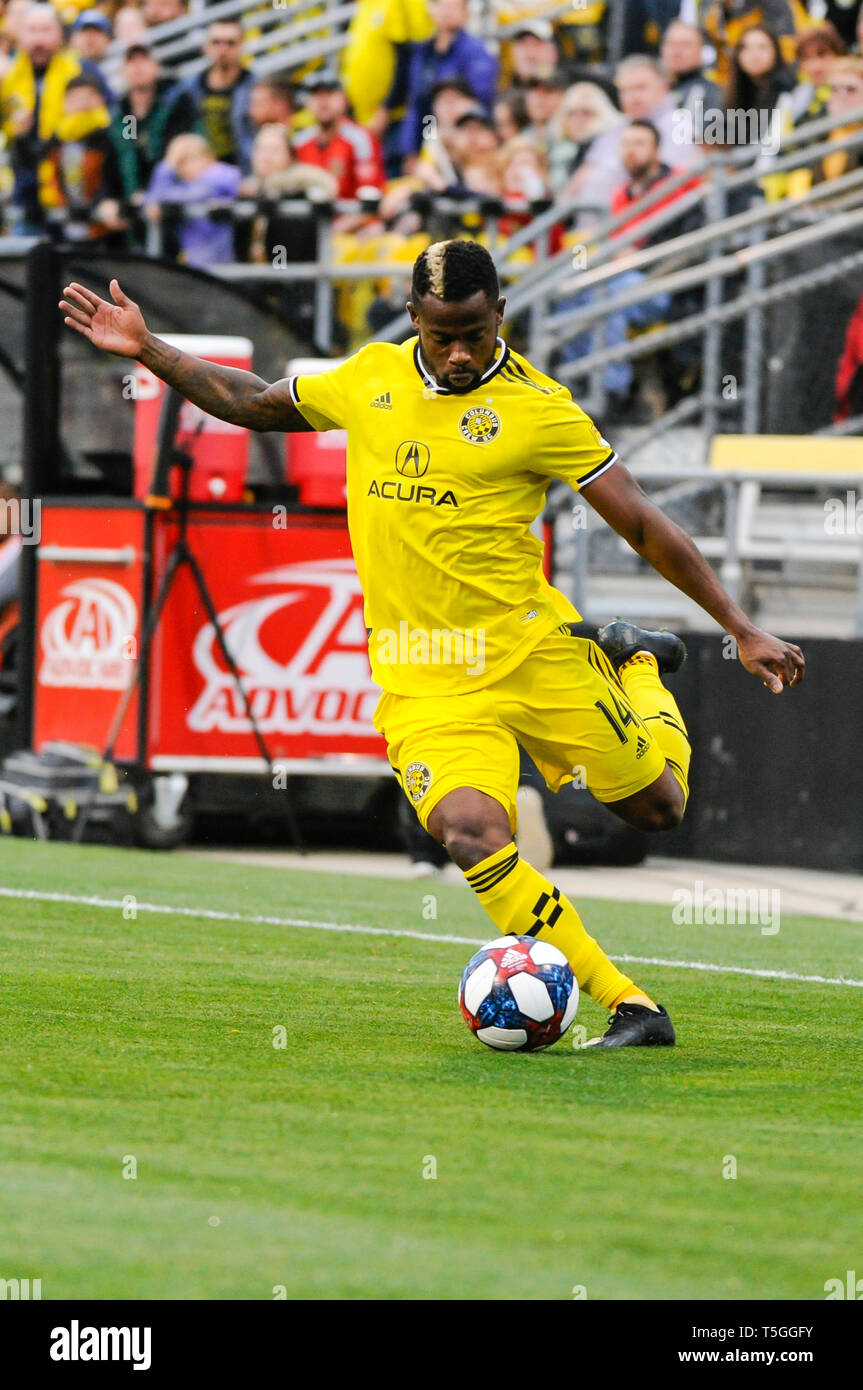 Columbus, Ohio, USA. 24th Apr, 2019. Wednesday, April 24, 2019: Columbus Crew SC defender Waylon Francis (14) in the first half of the match between D.C. United and Columbus Crew SC at MAPFRE Stadium, in Columbus OH. Mandatory Photo Credit: Dorn Byg/Cal Sport Media. Columbus Crew SC 0 - D.C. United 1 Credit: Cal Sport Media/Alamy Live News Stock Photo