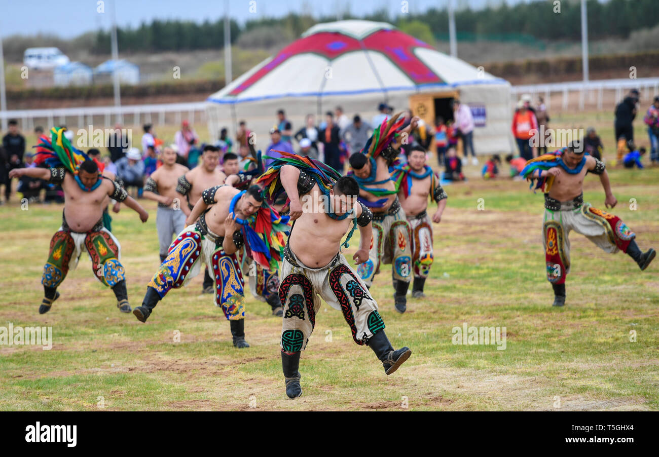 Inner Mongolia, China's Inner Mongolia Autonomous Region. 24th Apr, 2019. Wrestling competitors are seen at the Genghis Khan Chagan Suluk Nadam Fair in Ejin Horo Banner of Ordos City, north China's Inner Mongolia Autonomous Region, April 24, 2019. The two-day fair kicked off on Wednesday, including a variety of traditional activities. Credit: Peng Yuan/Xinhua/Alamy Live News Stock Photo