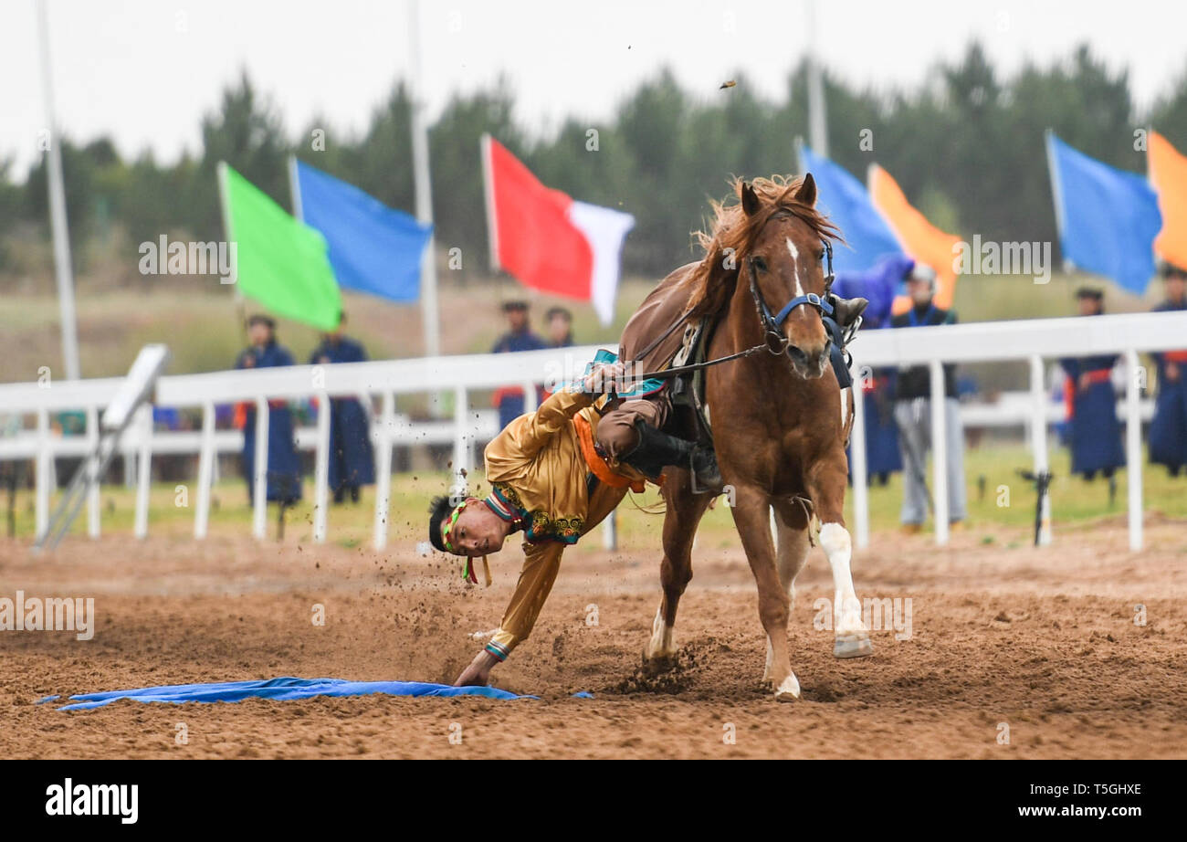 Inner Mongolia, China's Inner Mongolia Autonomous Region. 24th Apr, 2019. A man picks up a hada when riding a horse during the Genghis Khan Chagan Suluk Nadam Fair in Ejin Horo Banner of Ordos City, north China's Inner Mongolia Autonomous Region, April 24, 2019. The two-day fair kicked off on Wednesday, including a variety of traditional activities. Credit: Peng Yuan/Xinhua/Alamy Live News Stock Photo