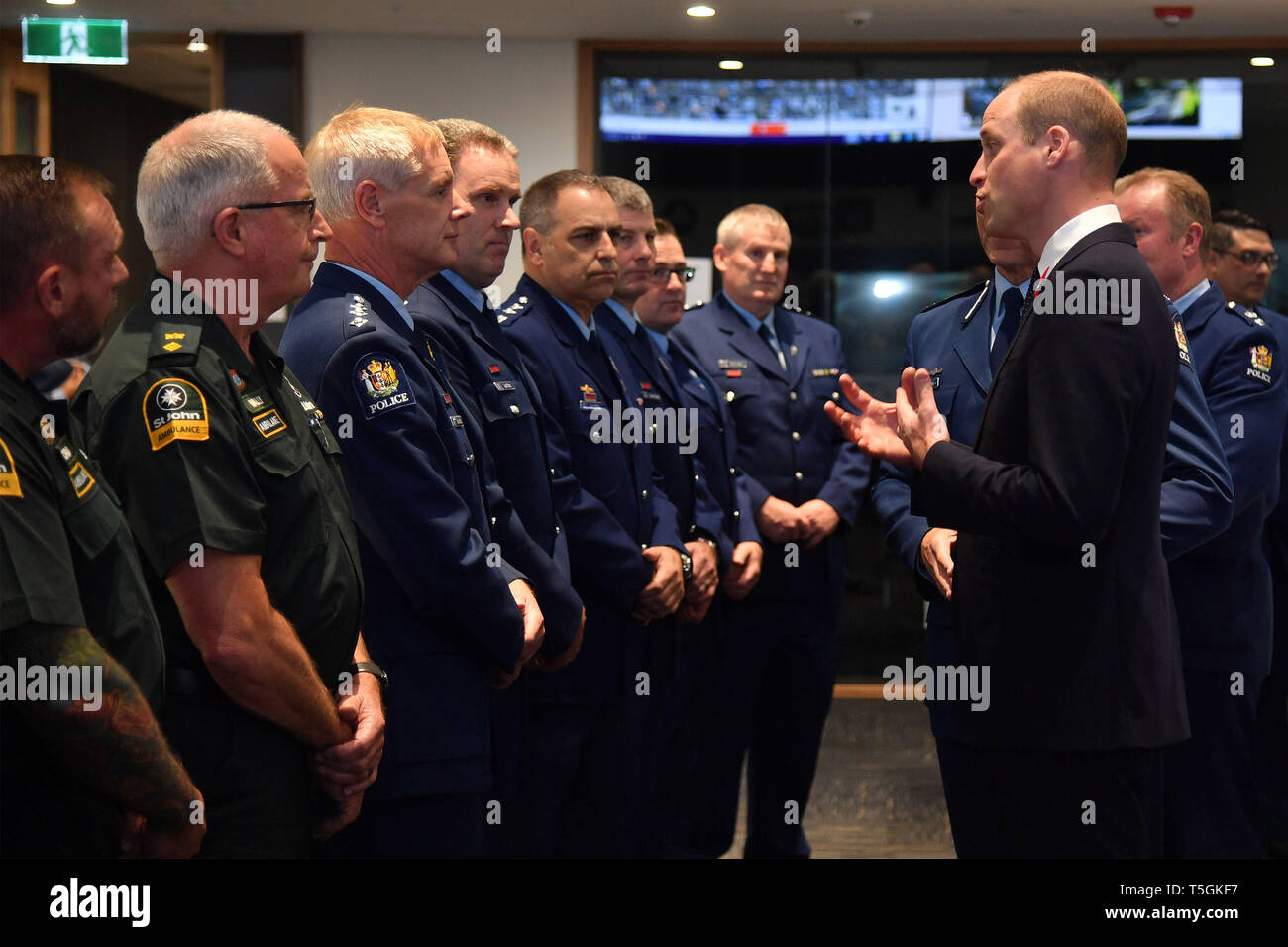 Christchurch, Canterbury, New Zealand. 25th Apr, 2019. PRINCE WILLIAM meets with the key operations police staff and St Johns ambulance staff during his visit to the Justice and Emergency Services Precinct. The Duke of Cambridge also was scheduled to visit the Al Noor and Linwood mosques where 50 people were killed, Christchurch Hospital and lay a wreath at the Canterbury Earthquake National Memorial, which is inscribed with the names of the 185 people who died in the 2011 quake Credit: New Zealand Government/POOL via ZUMA Wire/ZUMAPRESS.com/Alamy Live News Stock Photo