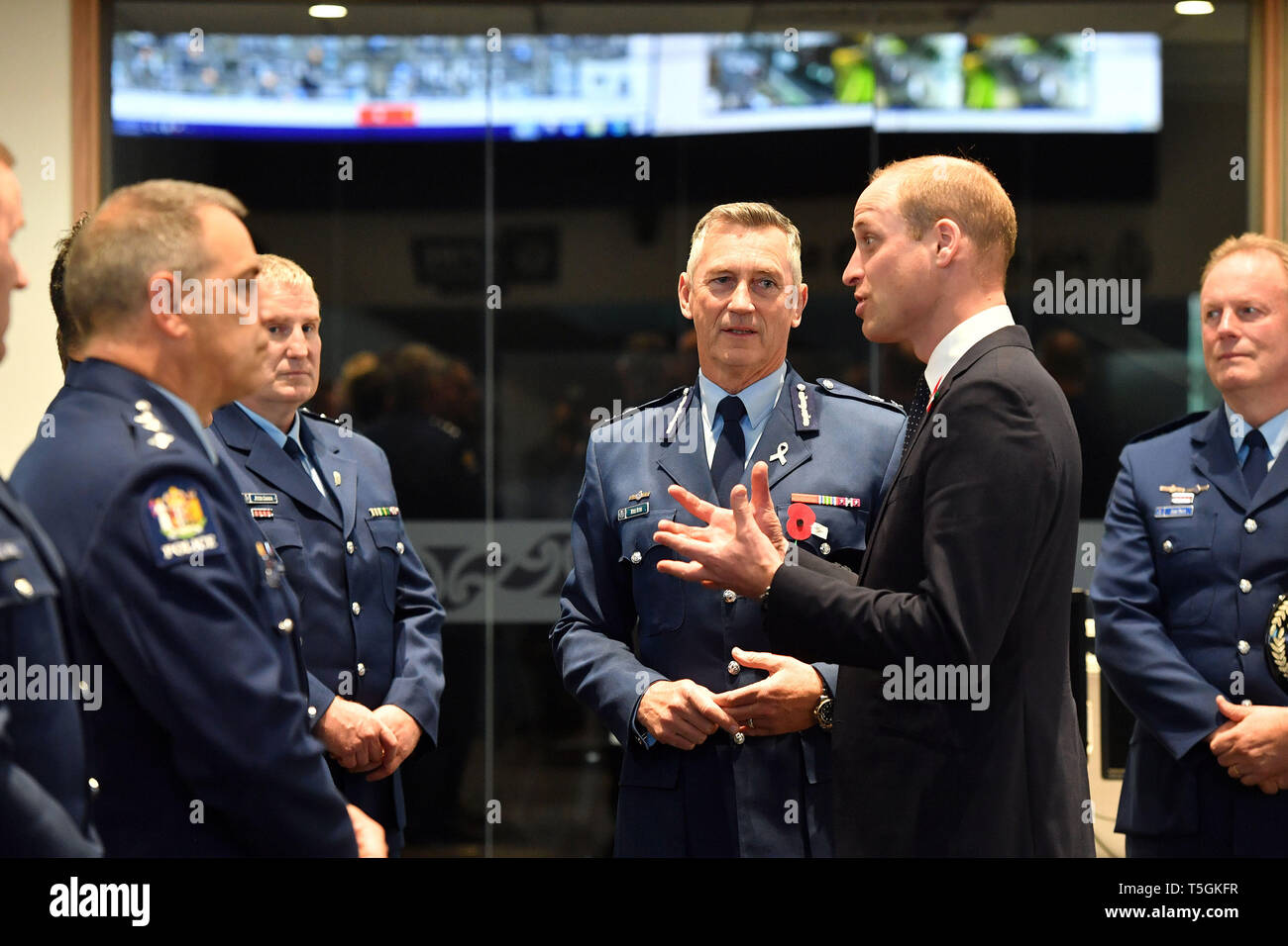 Christchurch, Canterbury, New Zealand. 25th Apr, 2019. Britain's Prince William meets with the police staff during his visit to the Justice and Emergency Services Precinct in Christchurch. The Duke of Cambridge is on a two-day visit to New Zealand to commemorate the victims of the Christchurch mosque terror attacks. Credit: New Zealand Government/POOL via ZUMA Wire/ZUMAPRESS.com/Alamy Live News Stock Photo