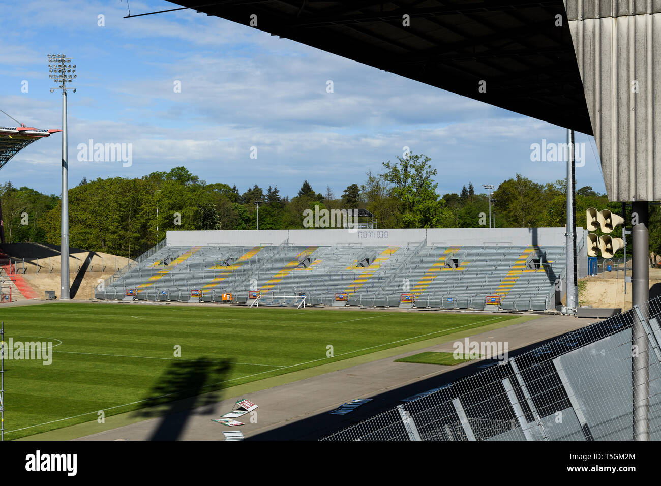 The provisional North Tribune, without roof. GES / football / 3rd league: Karlsruher SC - construction site Wildparkstadion, 25.04.2019 - | usage worldwide Stock Photo