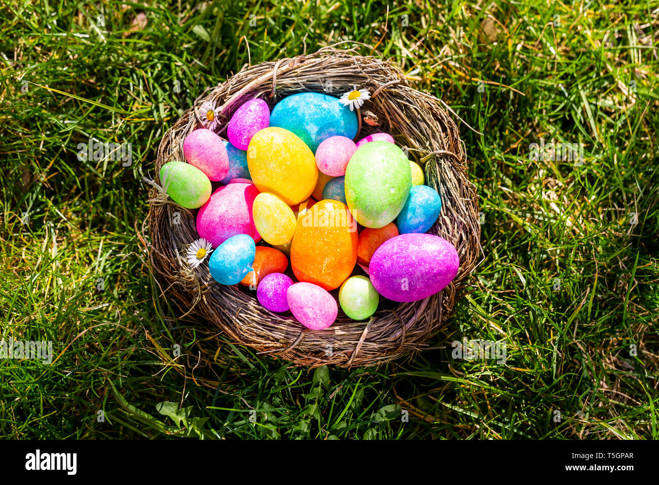 Multicolored Easter eggs in a nest on grass Stock Photo
