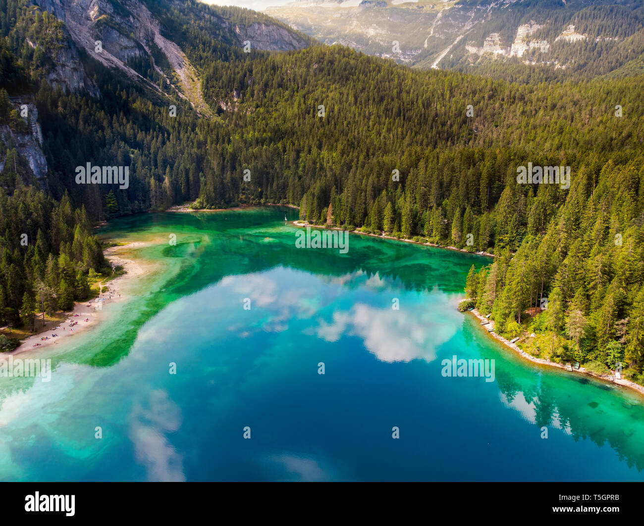 Italy, Trentino, South Tirol, Non Valley, aerial view of lake Tovel in summer Stock Photo