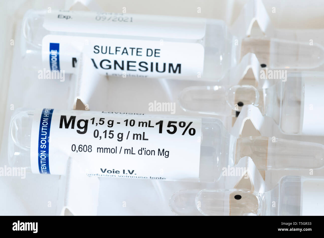 Closeup of Magnesium Sulfate vial for Injection or Infusion Stock