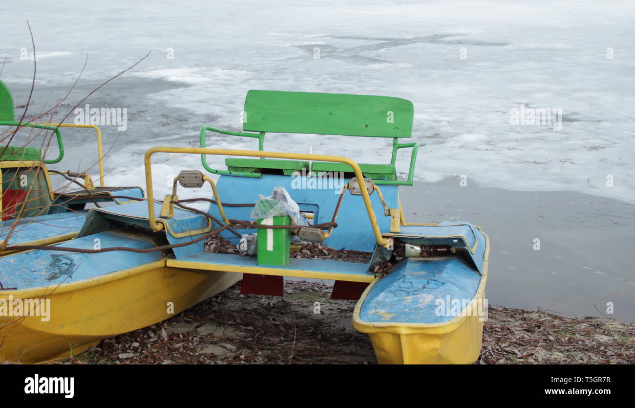 Water bicycle and winter Stock Photo