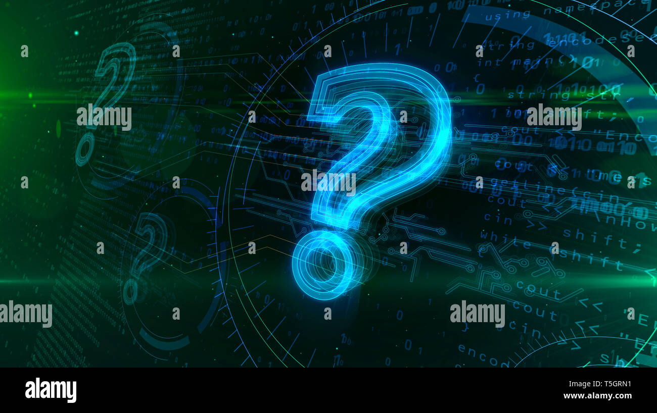 Question mark sign on cyber background. Internet searching, digital knowledge, FAQ and computer education abstract concept 3d illustration. Stock Photo