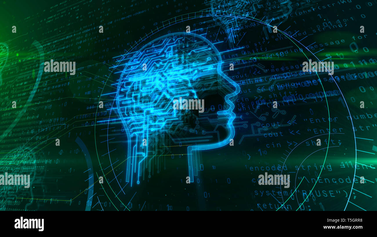 Artificial intelligence, deep machine learning and cyber mind concept 3d illustration. Face shape hologram with futuristic cybernetic brain on dynamic Stock Photo