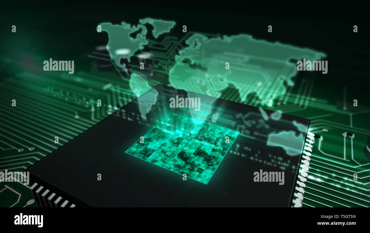 Cyber security concept with world map hologram over working cpu in background. Concept of global business, internet communication and social networkin Stock Photo