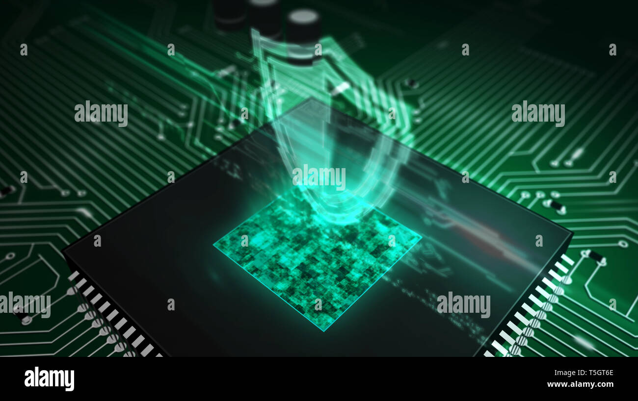 Cyber security concept with shield hologram over working cpu in background.  Futuristic circuit board. Digital protection, firewall, cyberspace and com  Stock Photo - Alamy