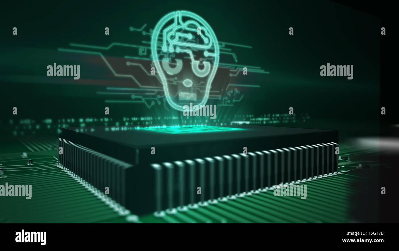 Artificial intelligence, deep learning and cybernetic brain concept with ai head hologram over working cpu in background. Circuit board 3d illustratio Stock Photo