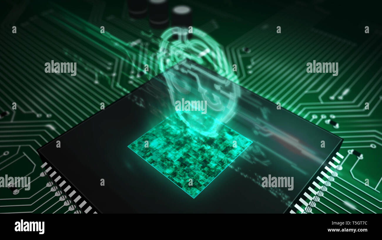 Artificial intelligence, deep learning and cybernetic brain concept with ai head hologram over working cpu in background. Circuit board 3d illustratio Stock Photo