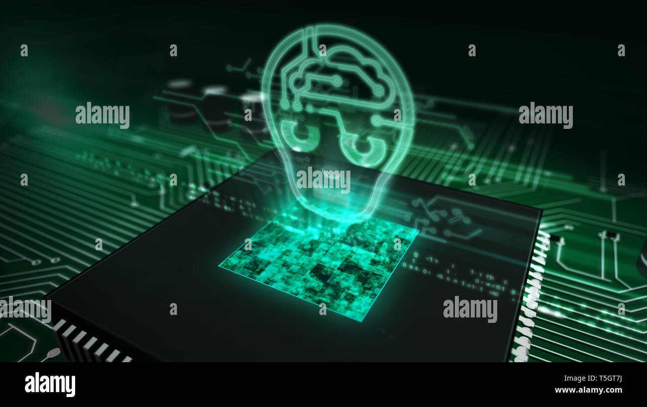 Artificial intelligence, deep learning and cybernetic brain concept with ai head hologram over working cpu in background. Circuit board 3d illustratio Stock Photo