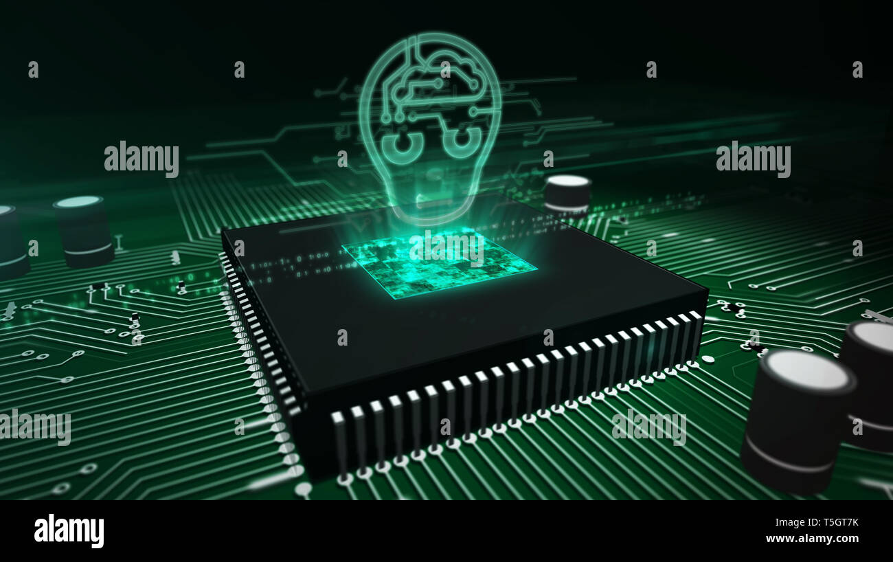 Artificial intelligence, deep learning and cybernetic brain concept with ai head hologram over working cpu in background. Circuit board 3d illustratio Stock Photo