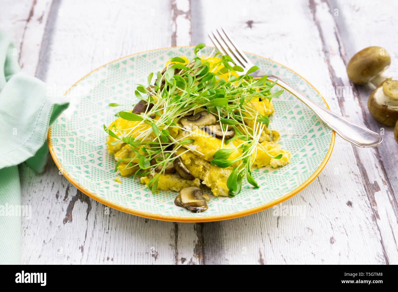 Low Carb, Omelette with champignon and fresh cress Stock Photo