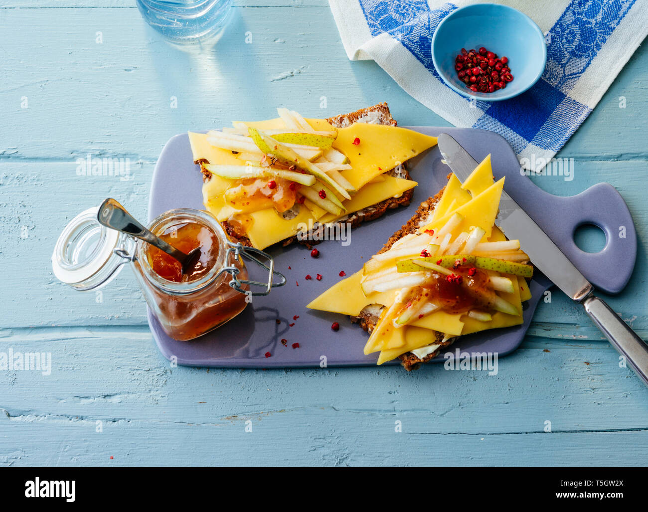 Sandwiches with sliced cheese, pear and chutney Stock Photo