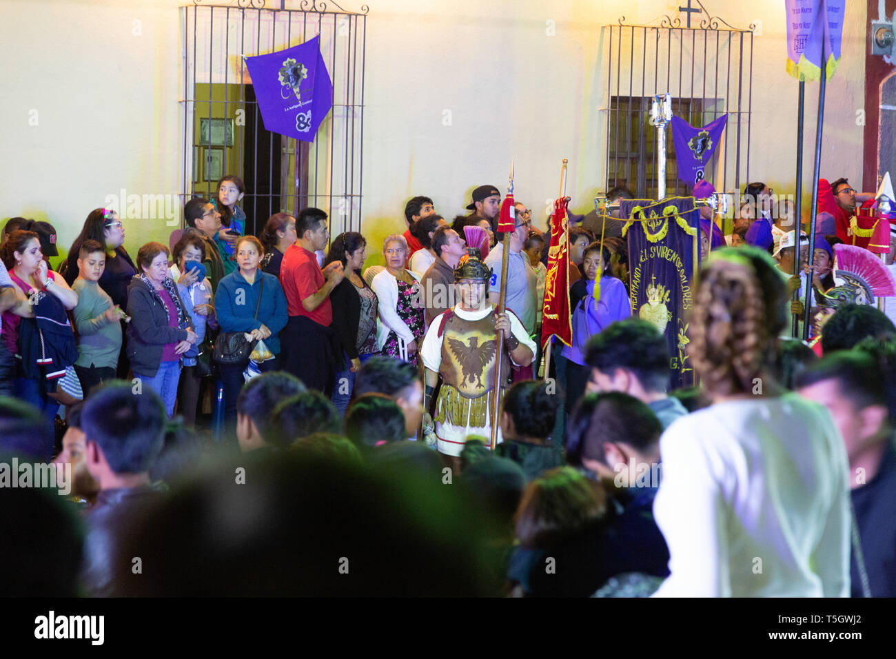 Central America culture: religious procession through the streets during Holy Week, Antigua Guatemala UNESCO world heritage site, Latin America Stock Photo