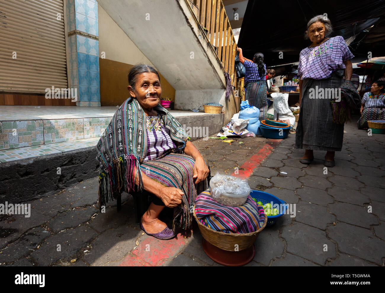 Guatemala people - two elderly women at the market, Santiago Atitlan town, Guatemala, Central America Stock Photo