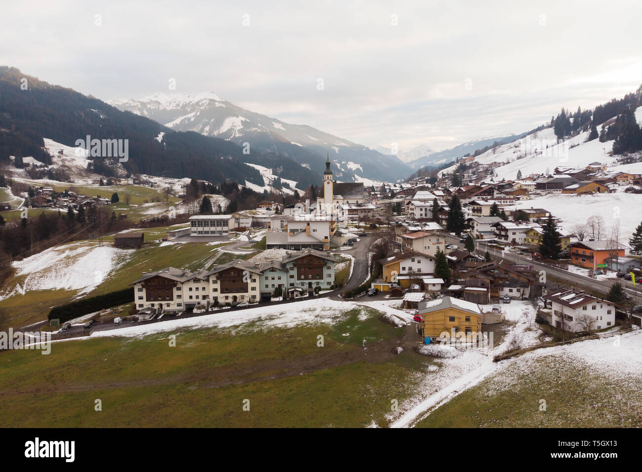 Austria, Jochberg, areal view of the village in early winter Stock Photo