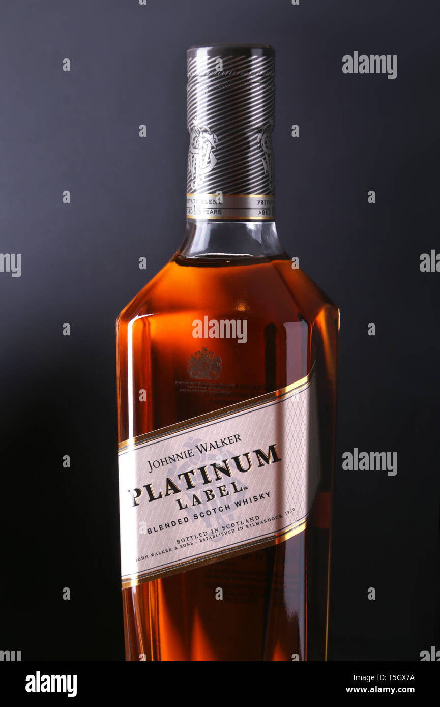 New York, January 5, 2018 , Johnnie Walker Platinum label blended scotch whisky. Private blend, aged 18 year. Stock Photo