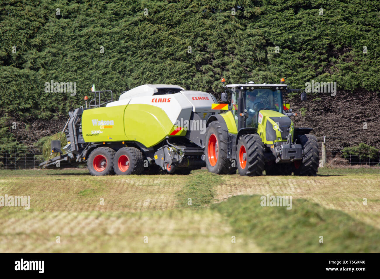 Kirwee, Canterbury, New Zealand, March 27 2019: A Claas baler and tractor at work making hay bales at the South Island Agricultural Field Days event Stock Photo