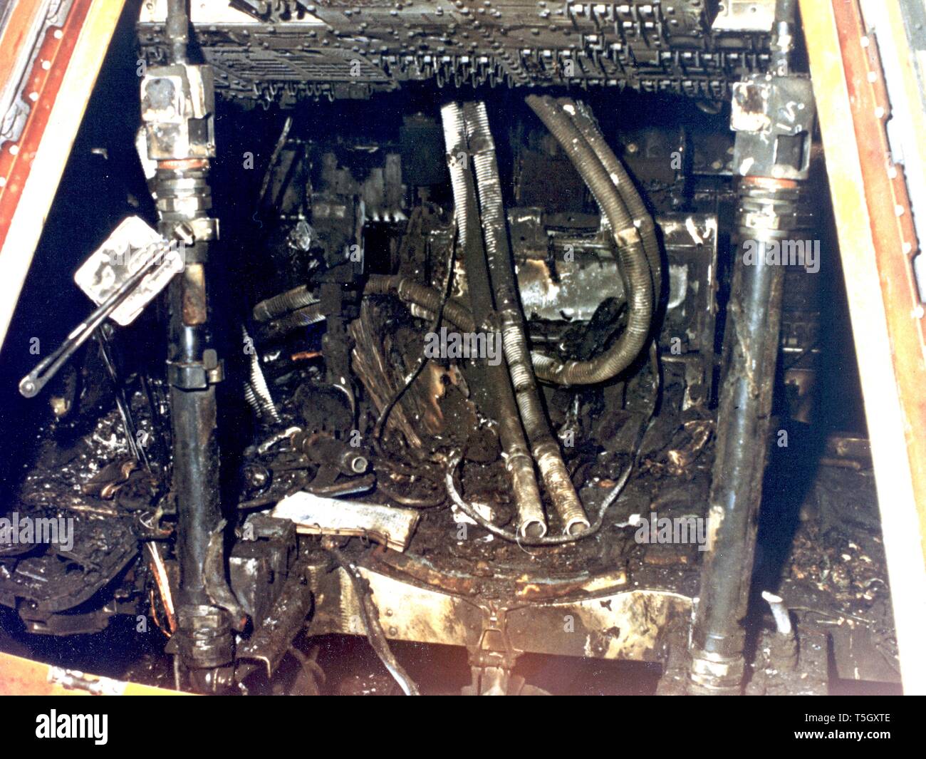 Close-up view of the Apollo 1 Command Module showing the effects of the flash fire which killed the prime crew during a routine training exercise, January 28, 1967. Image courtesy National Aeronautics and Space Administration (NASA). () Stock Photo