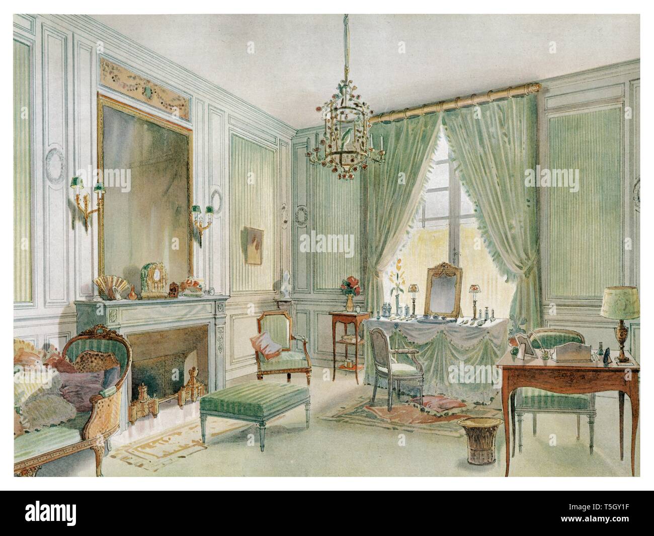 Boudoir cabinet de toilette Louis XVI Style, with fireplace. Vintage illustration by Style Interiors 1905 Stock Photo