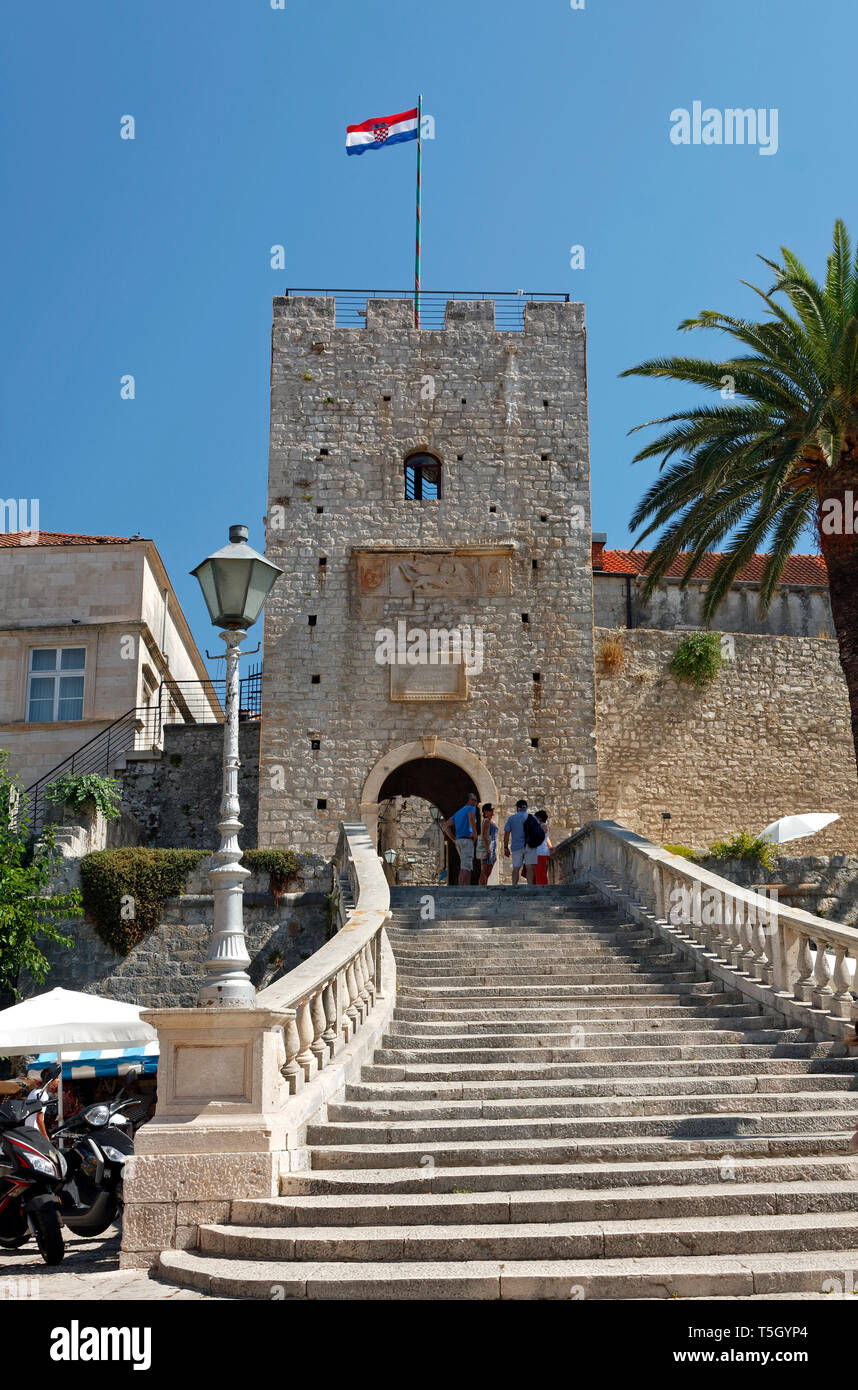 steps to Veliki Revelin Tower; 14th century city gate; stone, old ...