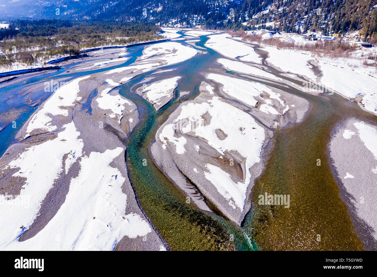 Austria, Tirol, Lech valley, Lech river in winter, aerial image Stock Photo