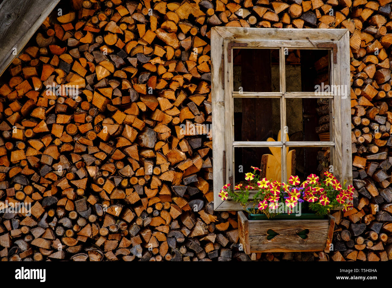 Italy, Sottoguda, old farm house, firewood and window with flower box Stock Photo